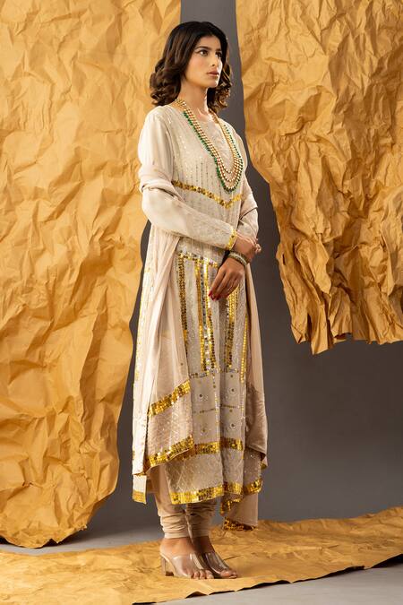 Buy_Shivani Sabharwal_Beige Crepe, Net, Organza, Lycra Sequins Round Neck Embroidered Kurta Set _Online_at_Aza_Fashions