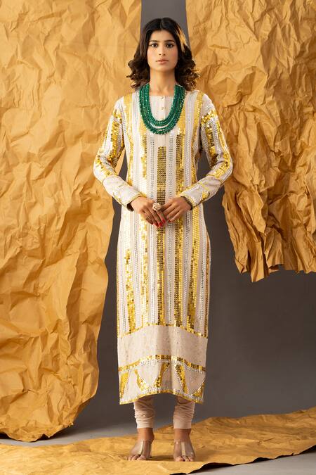 Shivani Sabharwal_Beige Crepe, Net, Lycra Sequins Round Neck Embroidered Kurta Set _Online_at_Aza_Fashions