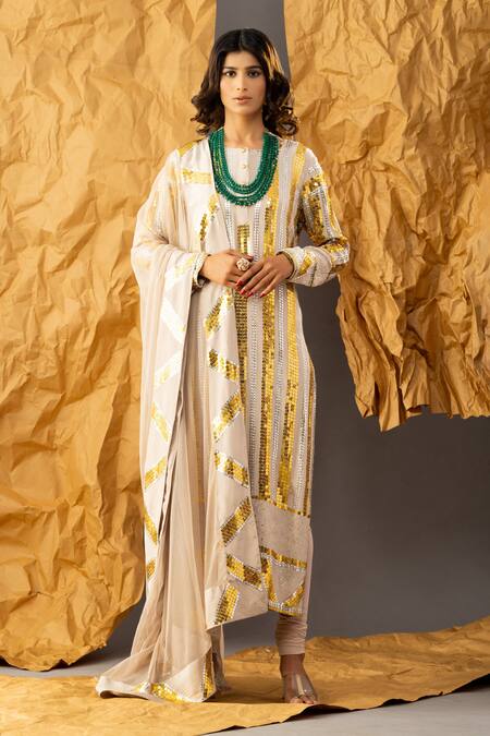 Buy_Shivani Sabharwal_Beige Crepe, Net, Lycra Sequins Round Neck Embroidered Kurta Set _Online_at_Aza_Fashions