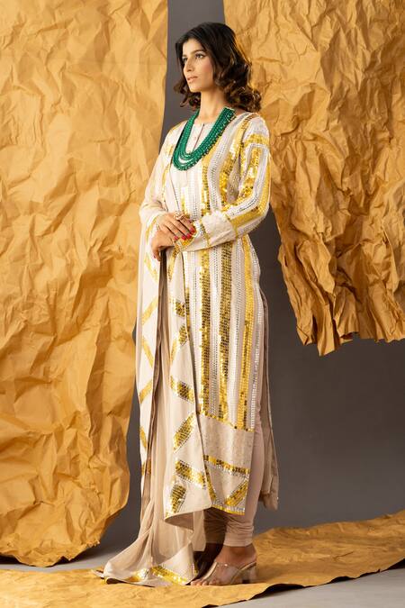 Shop_Shivani Sabharwal_Beige Crepe, Net, Lycra Sequins Round Neck Embroidered Kurta Set _Online_at_Aza_Fashions