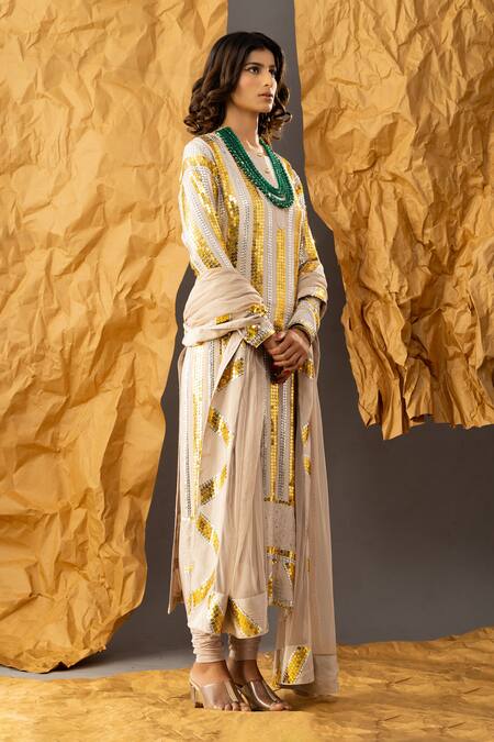 Shivani Sabharwal_Beige Crepe, Net, Lycra Sequins Round Neck Embroidered Kurta Set _at_Aza_Fashions