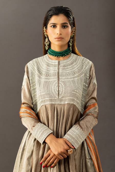 Shop_Shivani Sabharwal_Black Handloom Cotton, Lycra Pearls, Sequins Round Embroidered Yoke Anarkali Set _Online_at_Aza_Fashions