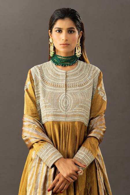 Shop_Shivani Sabharwal_Gold Crepe, Lycra, Organza Embroidery, Sequins Round Neck Tissue Kurta Pant Set _Online_at_Aza_Fashions