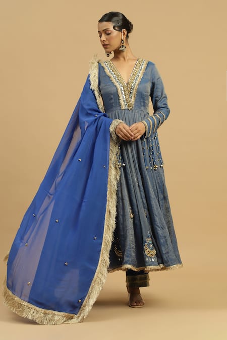 Siyona By Ankurita_Blue Tissue, Crepe Mirrors, Gota Patti, Neelam Ghungroo Embellished Anarkali Set _Online_at_Aza_Fashions