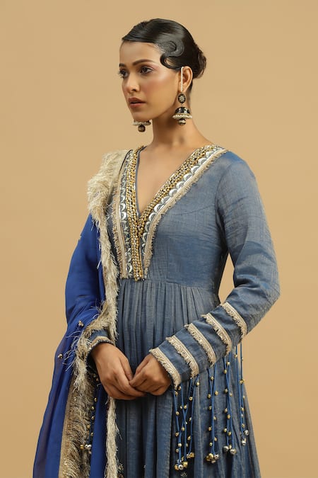 Buy_Siyona By Ankurita_Blue Tissue, Crepe Mirrors, Gota Patti, Neelam Ghungroo Embellished Anarkali Set _Online_at_Aza_Fashions