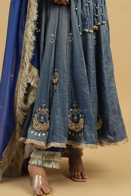 Shop_Siyona By Ankurita_Blue Tissue, Crepe Mirrors, Gota Patti, Neelam Ghungroo Embellished Anarkali Set _Online_at_Aza_Fashions
