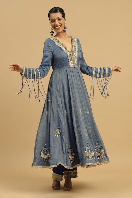 Siyona By Ankurita_Blue Tissue, Crepe Mirrors, Gota Patti, Neelam Ghungroo Embellished Anarkali Set _at_Aza_Fashions