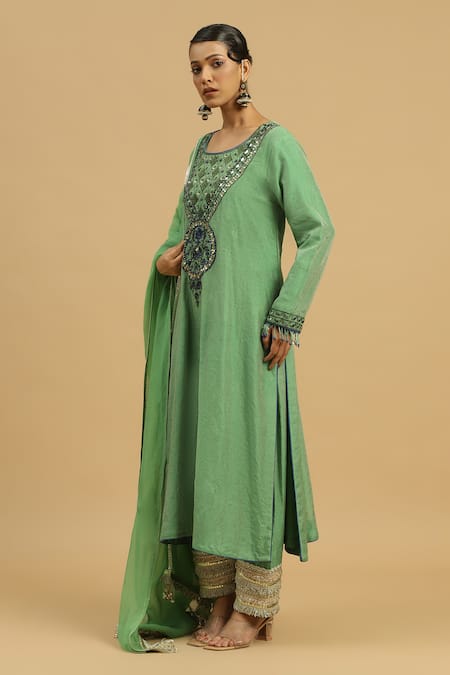 Siyona By Ankurita_Green Tissue, Crepe Mirrors, Sequins, Jade Gul Kurta And Pakistani Salwar Set _Online_at_Aza_Fashions
