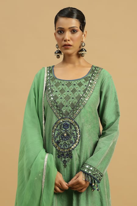Buy_Siyona By Ankurita_Green Tissue, Crepe Mirrors, Sequins, Jade Gul Kurta And Pakistani Salwar Set _Online_at_Aza_Fashions