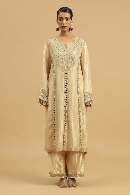 Siyona By Ankurita_Gold Organza, Tissue Embroidery, Mirrors, Zari, Lace Round Noor Kurta Pant Set _Online_at_Aza_Fashions