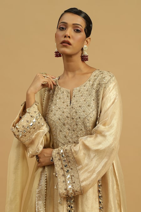 Shop_Siyona By Ankurita_Gold Organza, Tissue Embroidery, Mirrors, Zari, Lace Round Noor Kurta Pant Set _Online_at_Aza_Fashions
