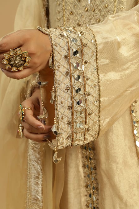 Siyona By Ankurita_Gold Organza, Tissue Embroidery, Mirrors, Zari, Lace Round Noor Kurta Pant Set _at_Aza_Fashions