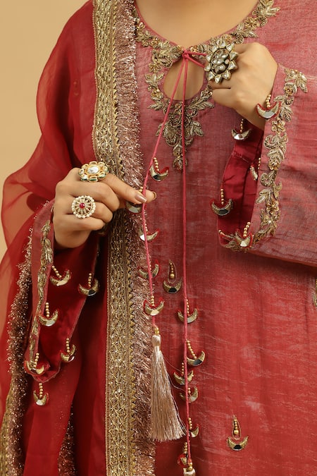 Siyona By Ankurita_Red Organza, Tissue Zari, Gehra Lal Chand Bahar Embroidered Kurta Pant Set _at_Aza_Fashions
