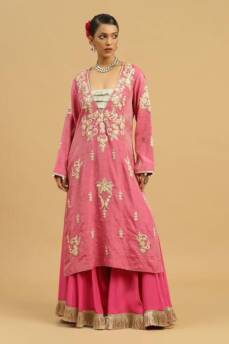 Siyona By Ankurita_Pink Tissue, Crepe, Silk Embroidery, Lace, Zari, Rosa Vine Kurta Sharara Set _Online_at_Aza_Fashions