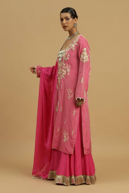 Shop_Siyona By Ankurita_Pink Tissue, Crepe, Silk Embroidery, Lace, Zari, Rosa Vine Kurta Sharara Set _Online_at_Aza_Fashions