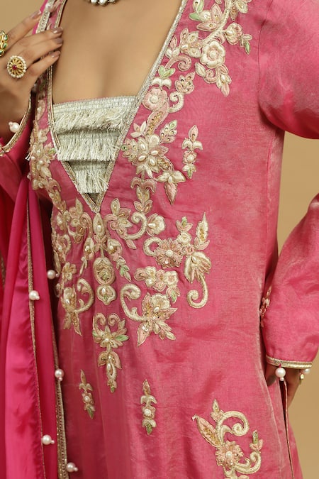 Buy_Siyona By Ankurita_Pink Tissue, Crepe, Silk Embroidery, Lace, Zari, Rosa Vine Kurta Sharara Set 