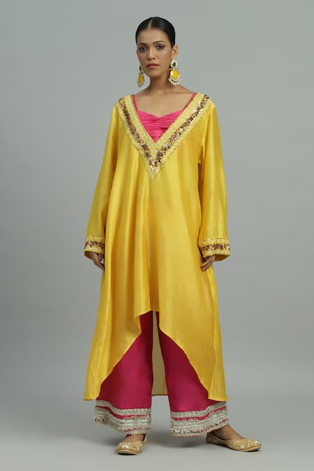 Siyona by Ankurita Yellow Pure Chanderi Silk Embroidery Ziya Embellished Kurta And Flared Pant Set 