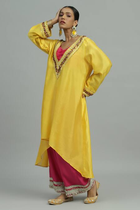 Siyona By Ankurita_Yellow Silk, Ziya Coin Embellished Kurta And Flared Pant Set _Online_at_Aza_Fashions