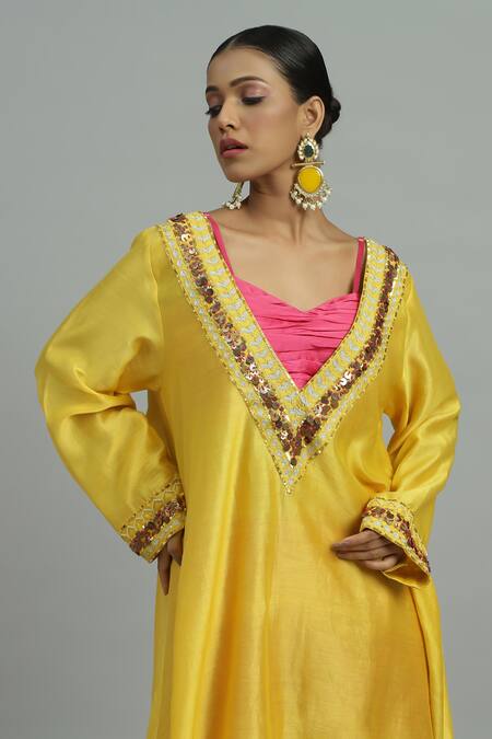 Buy_Siyona By Ankurita_Yellow Silk, Ziya Coin Embellished Kurta And Flared Pant Set _Online_at_Aza_Fashions