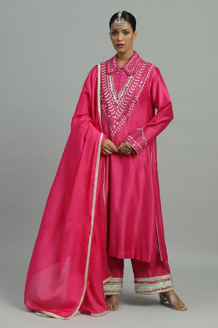 Siyona by Ankurita Pink Pure Chanderi Embroidery Thread Collar Neck Divine Bloom Kurta Pant Set 