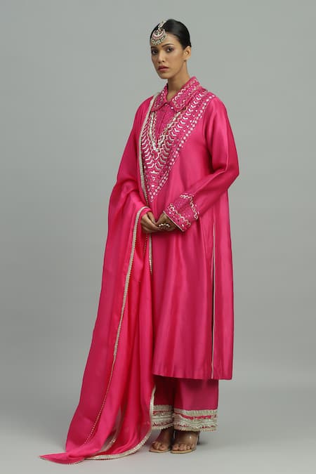 Shop_Siyona By Ankurita_Pink Chanderi, Silk Sequins, Mirrors, Embroidery Divine Bloom Kurta Pant Set _Online_at_Aza_Fashions