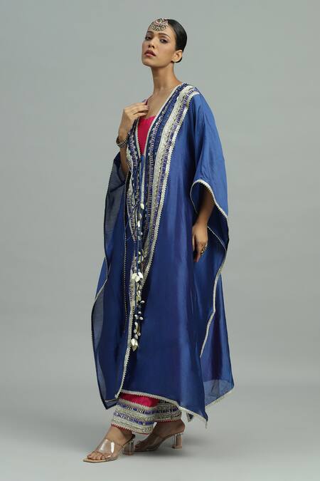 Shop_Siyona By Ankurita_Blue Silk, Lace, Mirrors Neel Kamal And Embroidered Kaftan Set _Online_at_Aza_Fashions