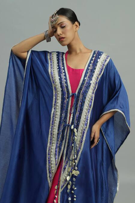 Siyona By Ankurita_Blue Silk, Lace, Mirrors Neel Kamal And Embroidered Kaftan Set _at_Aza_Fashions