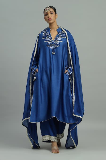 Siyona by Ankurita Blue Pure Chanderi Embroidery Sequin Stand Siyahi Ambrosia Kurta Pant Set 