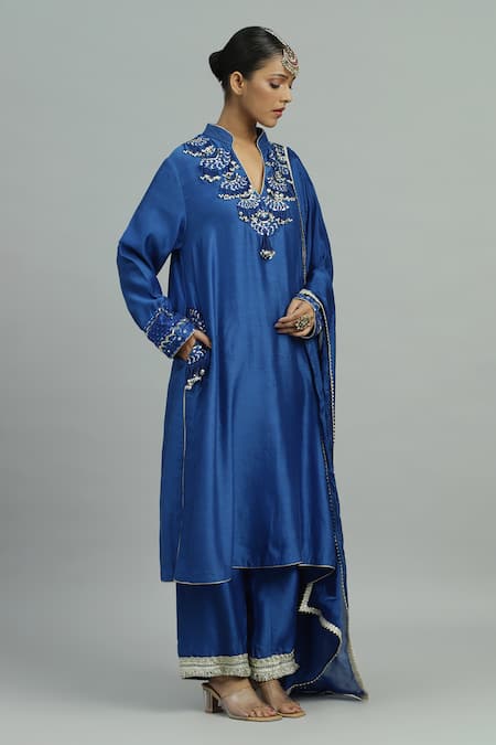 Siyona By Ankurita_Blue Chanderi, Silk Sequins, Embroidery, Lace Siyahi Ambrosia Kurta Pant Set _Online_at_Aza_Fashions