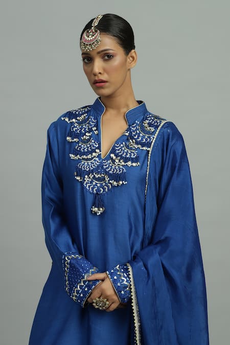 Buy_Siyona By Ankurita_Blue Chanderi, Silk Sequins, Embroidery, Lace Siyahi Ambrosia Kurta Pant Set _Online_at_Aza_Fashions