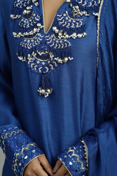 Shop_Siyona By Ankurita_Blue Chanderi, Silk Sequins, Embroidery, Lace Siyahi Ambrosia Kurta Pant Set _Online_at_Aza_Fashions