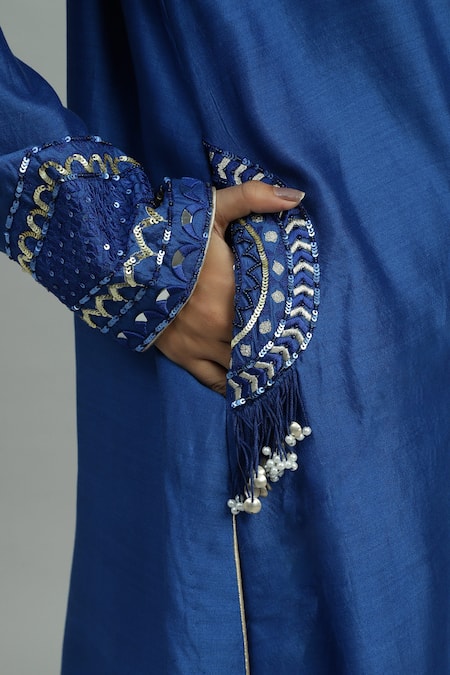 Siyona By Ankurita_Blue Chanderi, Silk Sequins, Embroidery, Lace Siyahi Ambrosia Kurta Pant Set _at_Aza_Fashions