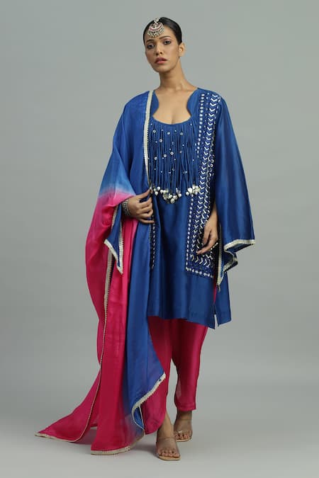 Siyona by Ankurita Blue Pure Chanderi Gulaneel And Pearl Tassel Embellished Kurta & Dhoti Pant Set 