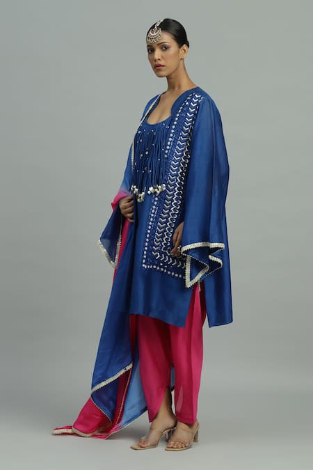 Shop_Siyona By Ankurita_Blue Chanderi, Silk Gulaneel Coin And Tassel Embellished Kurta & Dhoti Pant Set _Online_at_Aza_Fashions