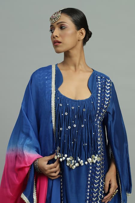 Siyona By Ankurita_Blue Chanderi, Silk Gulaneel Coin And Tassel Embellished Kurta & Dhoti Pant Set _at_Aza_Fashions