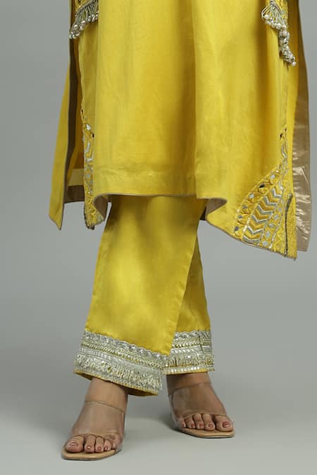 Shop_Siyona By Ankurita_Yellow Chanderi, Silk Mirrors, Sequins, Bahaar Bloom Kurta And Pant Set _Online_at_Aza_Fashions