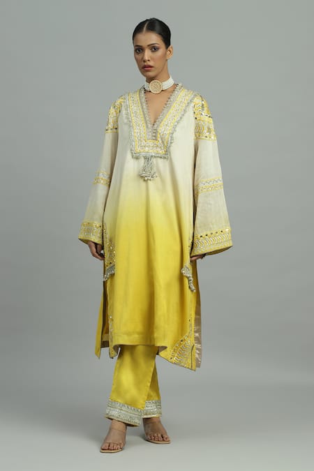 Siyona By Ankurita_Yellow Chanderi, Silk Mirrors, Sequins, Bahaar Bloom Kurta And Pant Set _at_Aza_Fashions