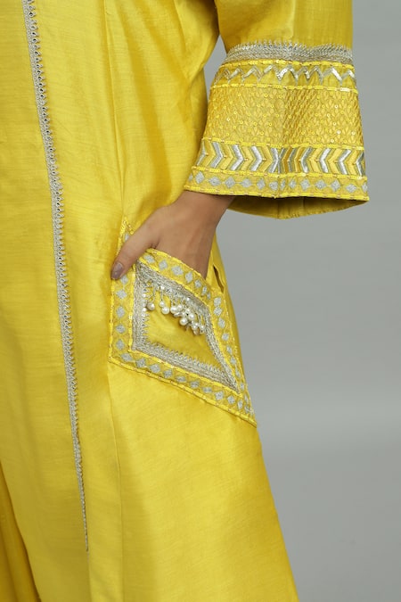 Buy Siyona By Ankurita Yellow Chanderi, Silk Lace, Sequins, Genda And Ghungroo Kurta & Pant Set Online at Aza Fashions Buy_Siyona By Ankurita_Yellow Chanderi, Silk Lace, Sequins, Genda And Ghungroo Kurta & Pant Set _Online_at_Aza_Fashions