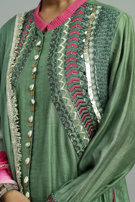 Buy_Siyona By Ankurita_Green Chanderi, Silk Mirrors, Gulzaar Aztec Bloom Kurta And Dhoti Salwar Set _Online_at_Aza_Fashions