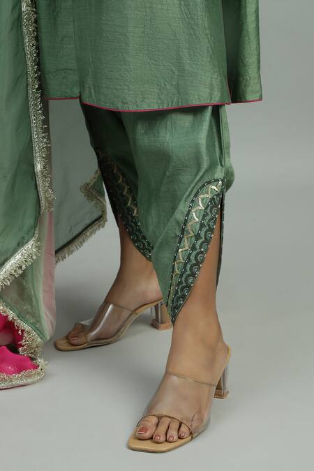 Shop_Siyona By Ankurita_Green Chanderi, Silk Mirrors, Gulzaar Aztec Bloom Kurta And Dhoti Salwar Set _Online_at_Aza_Fashions