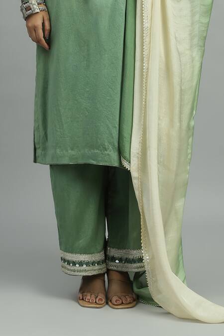 Buy_Siyona By Ankurita_Green Chanderi, Silk Lace, Mirrors, Sequins, Panna Gul Jaal Kurta Pant Set _Online_at_Aza_Fashions