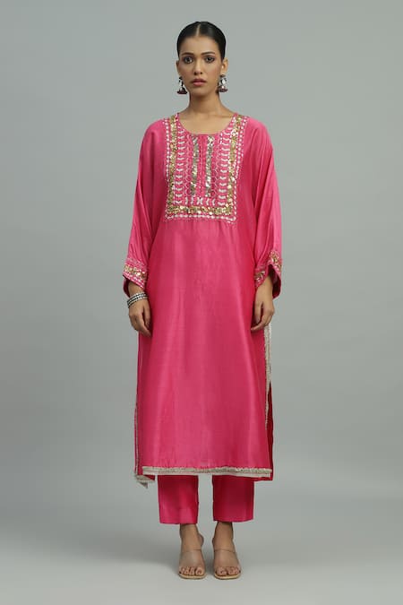 Siyona By Ankurita Pink Chanderi, Silk Sequins, Embroidery, Beads Tej Gul Vine Yoke Kurta Pant Set Online at Aza Fashions Siyona By Ankurita_Pink Chanderi, Silk Sequins, Embroidery, Beads Tej Gul Vine Yoke Kurta Pant Set _Online_at_Aza_Fashions