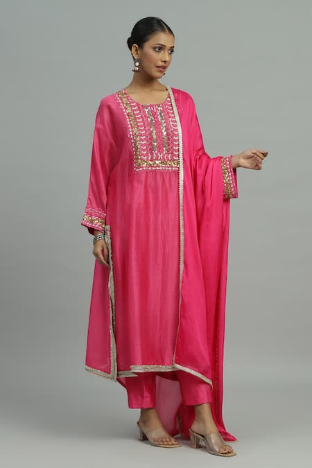 Shop Siyona By Ankurita Pink Chanderi, Silk Sequins, Embroidery, Beads Tej Gul Vine Yoke Kurta Pant Set Online at Aza Fashions Shop_Siyona By Ankurita_Pink Chanderi, Silk Sequins, Embroidery, Beads Tej Gul Vine Yoke Kurta Pant Set _Online_at_Aza_Fashions