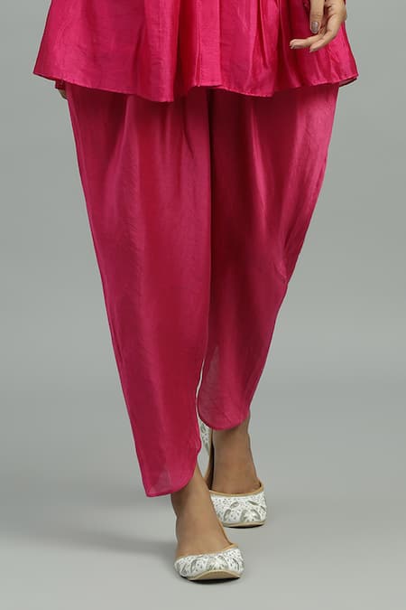 Siyona By Ankurita_Pink Chanderi Silk Sequins, Flora Embroidered Peplum Kurta With Dhoti Salwar _Online_at_Aza_Fashions