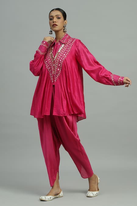 Buy_Siyona By Ankurita_Pink Chanderi Silk Sequins, Flora Embroidered Peplum Kurta With Dhoti Salwar _Online_at_Aza_Fashions