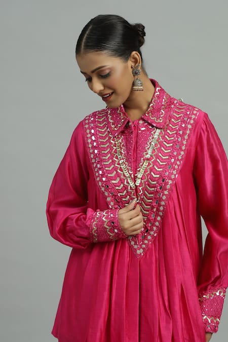 Shop_Siyona By Ankurita_Pink Chanderi Silk Sequins, Flora Embroidered Peplum Kurta With Dhoti Salwar _Online_at_Aza_Fashions