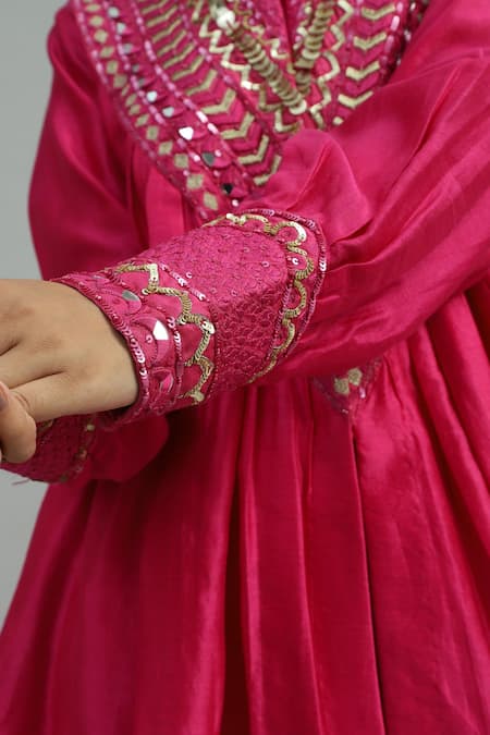 Siyona By Ankurita_Pink Chanderi Silk Sequins, Flora Embroidered Peplum Kurta With Dhoti Salwar _at_Aza_Fashions