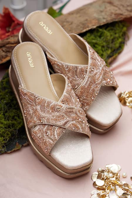 Anaar Rose Gold Embellished Starlet Tales Embroidered Wedge Sandals 