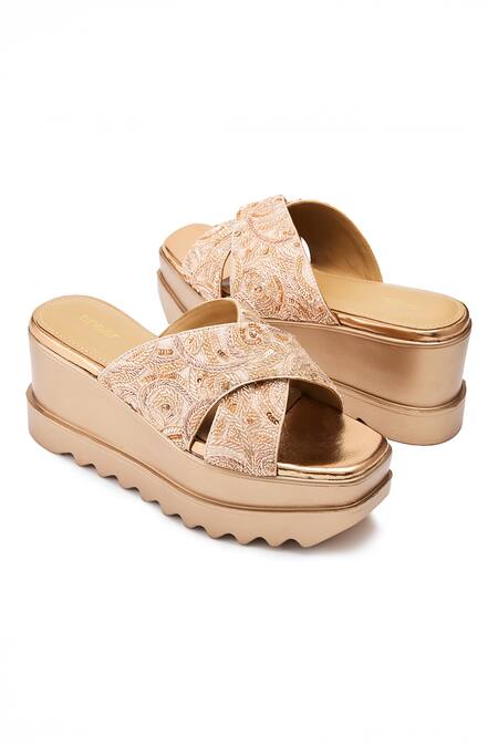 Shop_Anaar_Rose Gold Embroidery, Sequins Starlet Tales Wedge Sandals _Online_at_Aza_Fashions