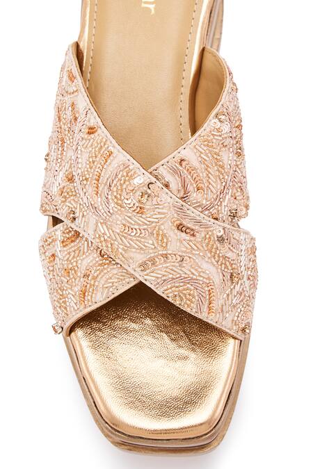 Anaar_Rose Gold Embroidery, Sequins Starlet Tales Wedge Sandals _at_Aza_Fashions